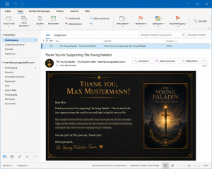 Beispielbild der persönlichen Dankes-EMail zum Kickstarter-Projekt „Der junge Paladin“.