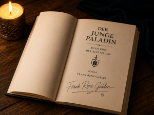 Aufgeschlagene signierte Softcover-Ausgabe von „Der junge Paladin“ mit sichtbarer Unterschrift des Autors.