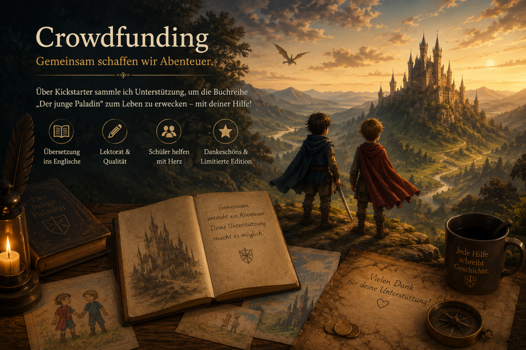 Fantasylandschaft mit zwei Jungen vor einer großen Festung im Abendlicht. Im Vordergrund liegen Bücher, Zeichnungen, Karten und Gegenstände rund um die Crowdfunding-Kampagne von ‚Der junge Paladin‘. 