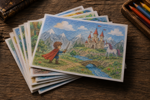 Stapel von Fantasy-Postkarten aus „Der junge Paladin“ mit verschiedenen Illustrationen und Szenen aus der Buchwelt.