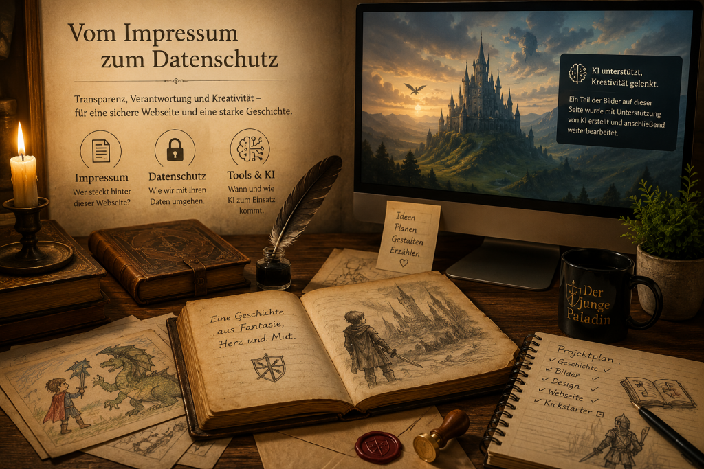 Warmer Schreibtisch mit alten Büchern, Zeichnungen und einem Computerbildschirm mit einer Fantasyburg. Auf dem Tisch liegen Notizen, Skizzen und Symbole zu Datenschutz, KI und der Entstehung des Buchprojekts ‚Der junge Paladin‘.