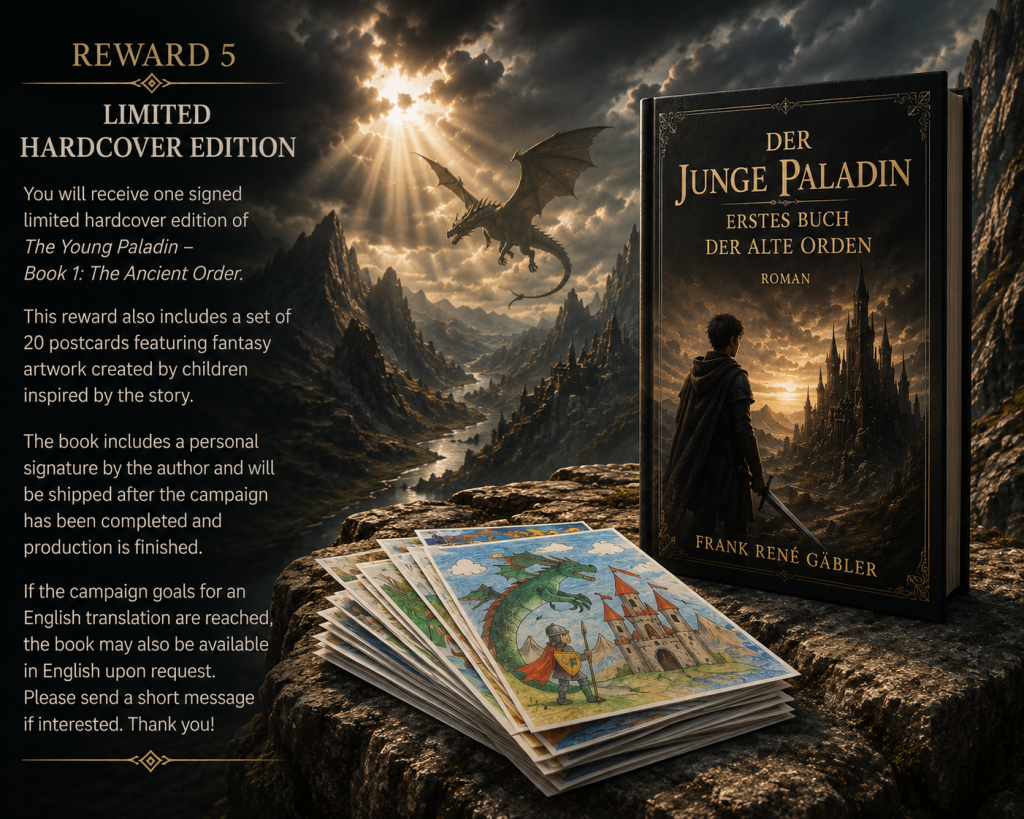 Dankeschön-Bild zur Kickstarter-Kampagne mit limitierter Hardcover-Ausgabe, Fantasy-Postkarten und stimmungsvoller Fantasyszene aus „Der junge Paladin“.