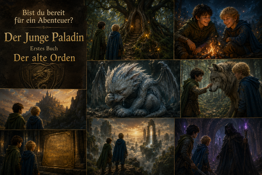 Fantasy-Collage zu „Der junge Paladin“ mit geheimnisvollen Landschaften, jungen Helden, fantastischen Wesen und stimmungsvollen Abenteuerszenen.