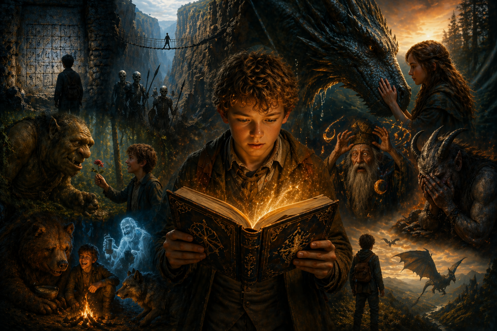 Fantasy-Collage aus „Der junge Paladin“ mit einem Jungen und einem Zauberbuch, einem Oger mit einer Blume sowie weiteren geheimnisvollen und humorvollen Abenteuerszenen.